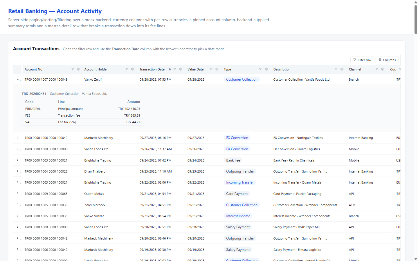 Bank account transactions with the first row expanded into a fee breakdown table showing principal, transaction fee and fee tax lines.